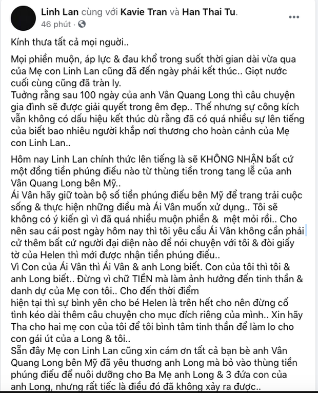 Linh Lan tuyên bố không nhận tiền phúng điếu, ẩn ý vợ cũ NS Vân Quang Long đứng sau vụ đòi giấy tờ huyết thống của bé Helen?-1