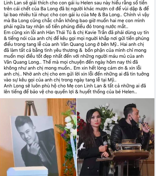 Linh Lan tuyên bố không nhận tiền phúng điếu, ẩn ý vợ cũ NS Vân Quang Long đứng sau vụ đòi giấy tờ huyết thống của bé Helen?-4