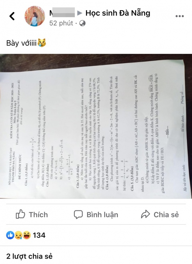 Nghi vấn lộ đề kiểm tra môn Toán lớp 9 ở Đà Nẵng-1