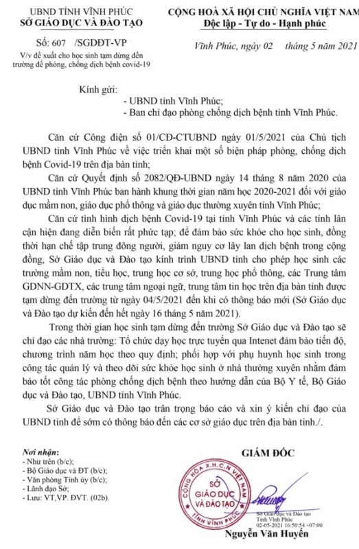 Vĩnh Phúc: Đề xuất tạm dừng đến trường 2 tuần để phòng dịch-1