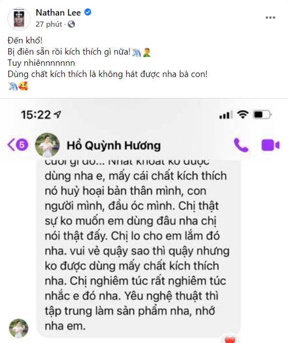 Hồ Quỳnh Hương nhắn không được dùng chất kích thích, Nathan Lee: Bị điên sẵn rồi kích thích gì nữa-1