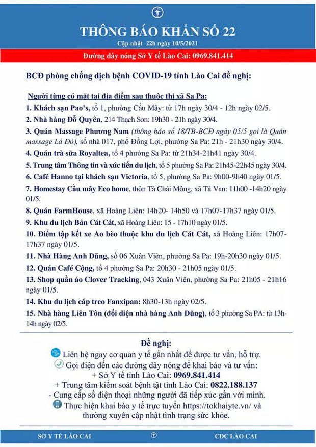 Tìm người đến 15 địa điểm liên quan ca bệnh COVID-19 tại Sa Pa-1