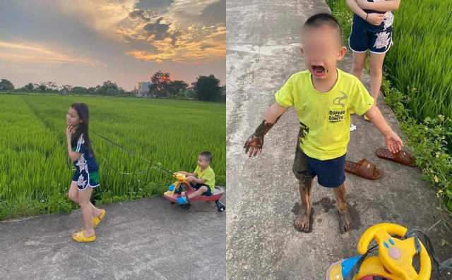 Được chị dắt đi chơi, cậu bé ngã lộn cổ xuống ruộng, hình ảnh sau đó khiến người ta không nhịn được cười-1