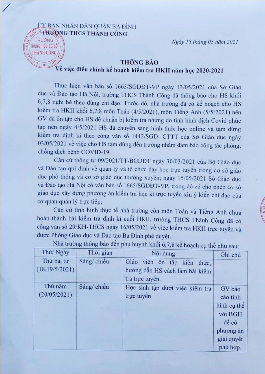 Mới: Trường công lập đầu tiên ở Hà Nội kiểm tra học kỳ thông qua hình thức trực tuyến, chi tiết cụ thể như sau-1