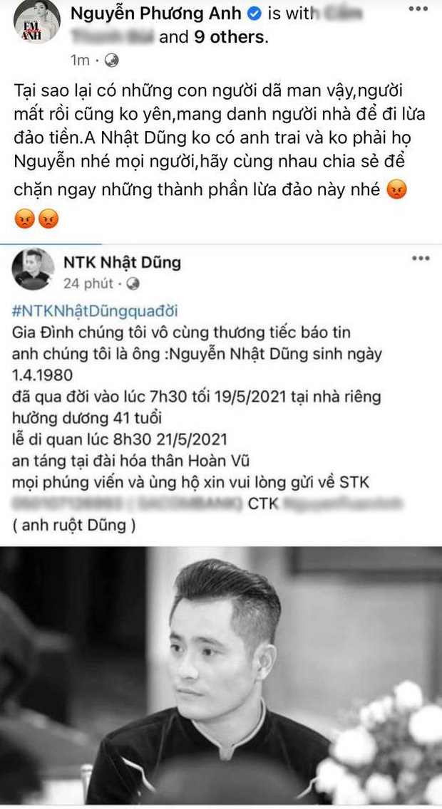 Phẫn nộ tột độ: NTK Nhật Dũng vừa qua đời, MXH đã xuất hiện kẻ giả mạo người nhà đăng hẳn status lừa đảo tiền phúng viếng-1