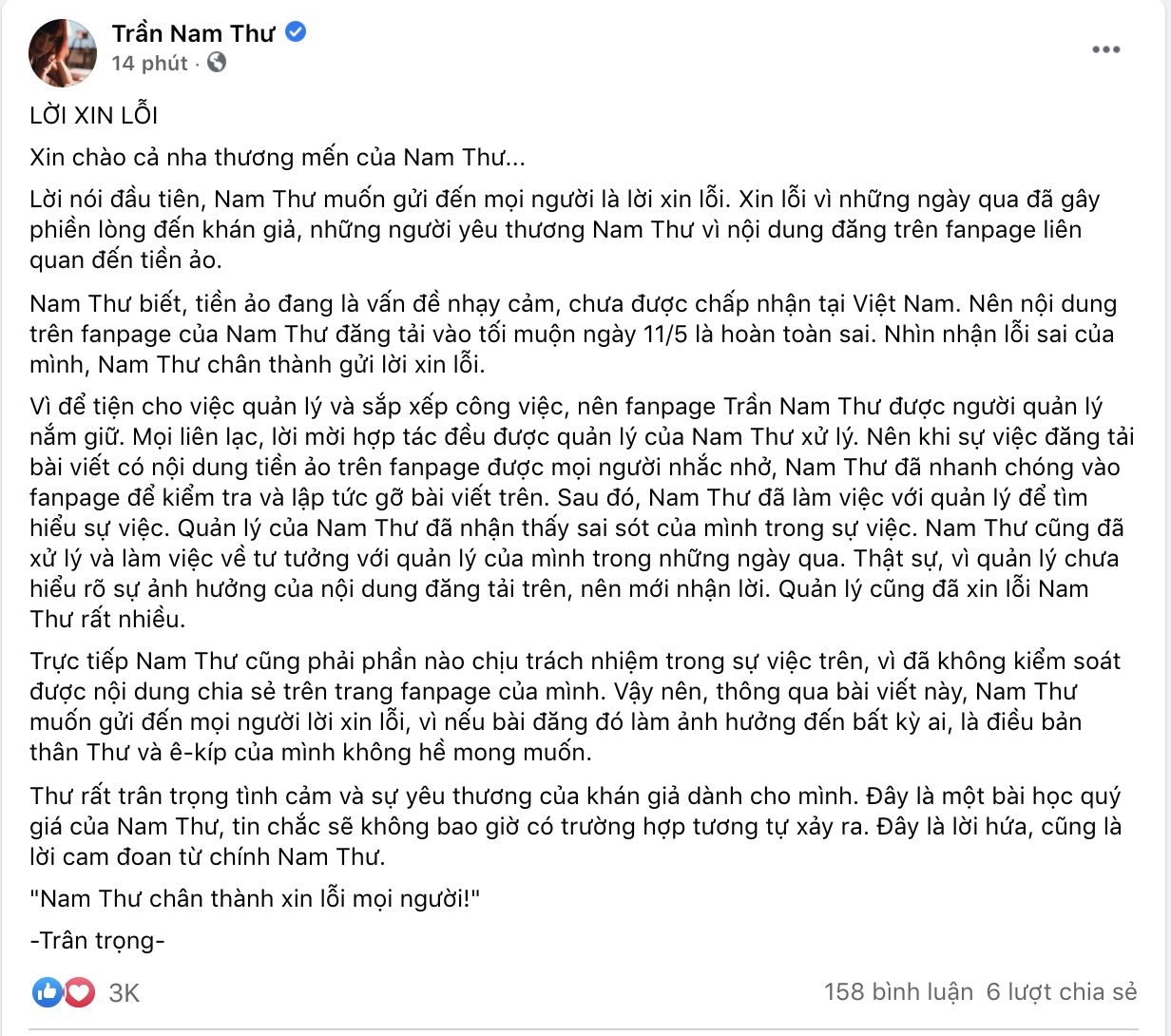 Nam Thư lên tiếng xin lỗi vì quảng cáo tiền ảo, giải thích không hay biết vì do quản lý đăng bài?-1