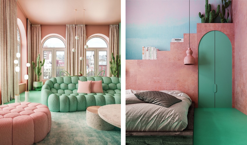 Trang trí nhà với 2 màu xanh lá và hồng, thành quả tạo thành đẹp ...