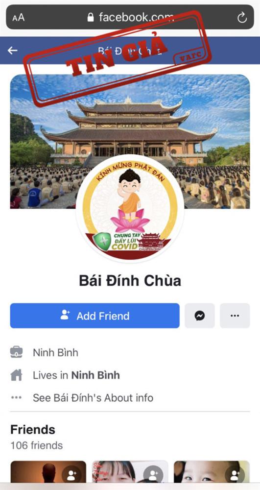 Giả mạo tài khoản Facebook chùa Bái Đính kêu gọi từ thiện-1
