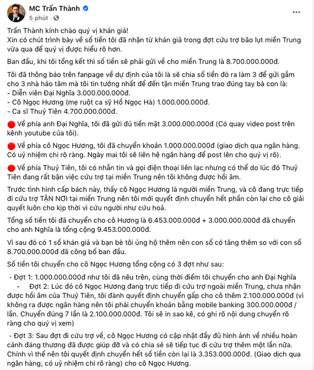 Trấn Thành chính thức trần tình về tiền từ thiện, hoá ra đã không chuyển 4,7 tỷ đồng cho Thuỷ Tiên!-1