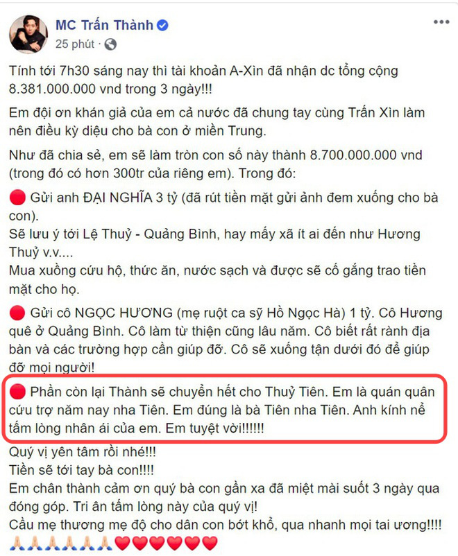 Trấn Thành chính thức trần tình về tiền từ thiện, hoá ra đã không chuyển 4,7 tỷ đồng cho Thuỷ Tiên!-9