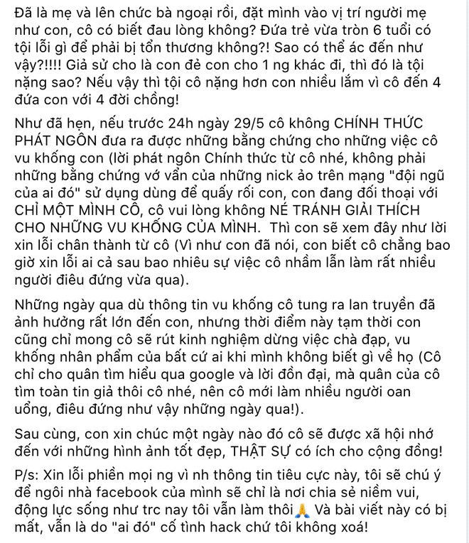 Vy Oanh nhắn bà Phương Hằng: Giả sử con đẻ cho 1 người khác, đó là tội nặng sao? Nếu vậy tội cô nặng hơn nhiều vì có 4 đứa con với 4 đời chồng-3