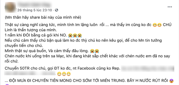 Rầm rộ 1 nhà hảo tâm đăng đàn bức xúc vì chuyển 50 triệu cứu trợ miền Trung cho NS Hoài Linh nhưng không liên lạc được?-1