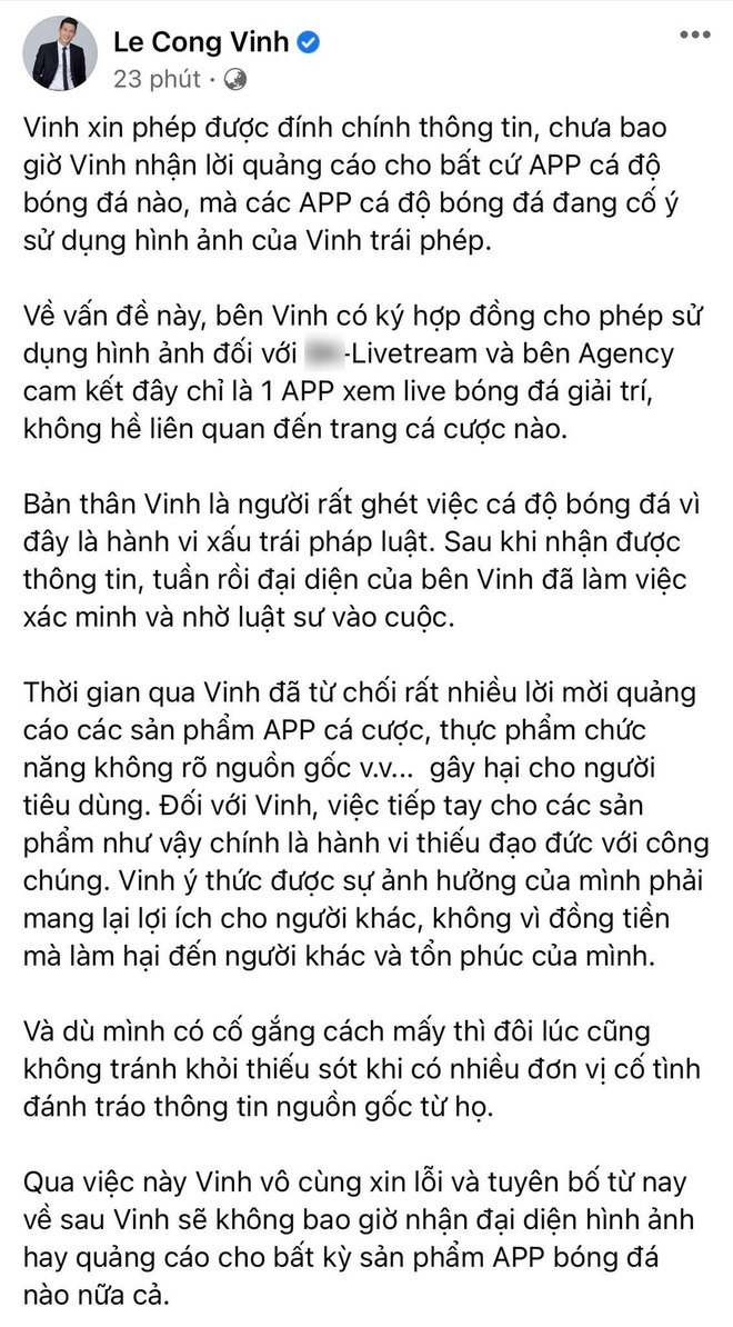 Công Vinh lên tiếng về nghi vấn PR cho ứng dụng cá độ bóng đá: Tuyên bố bị lợi dụng và mời luật sư vào cuộc!-1