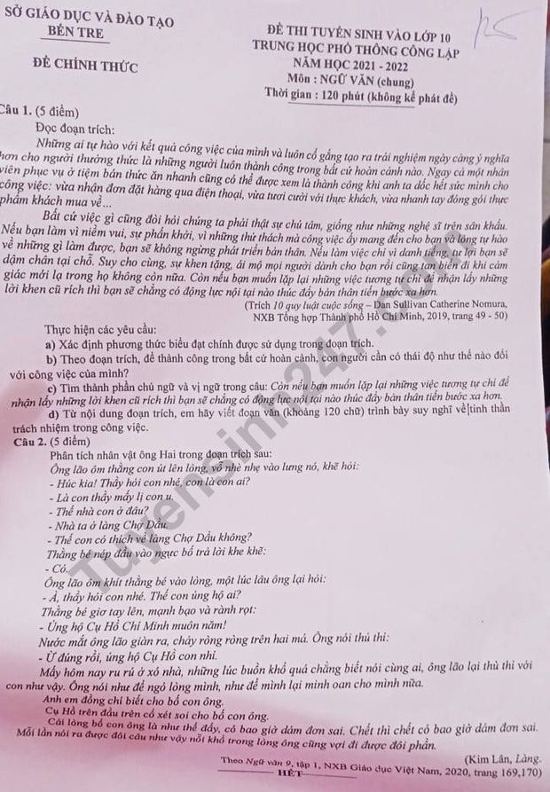 Đáp án đề thi môn Ngữ Văn vào lớp 10 của các tỉnh thành năm 2021-5