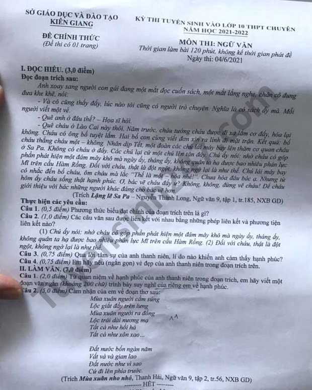Đáp án đề thi môn Ngữ Văn vào lớp 10 của các tỉnh thành năm 2021-1