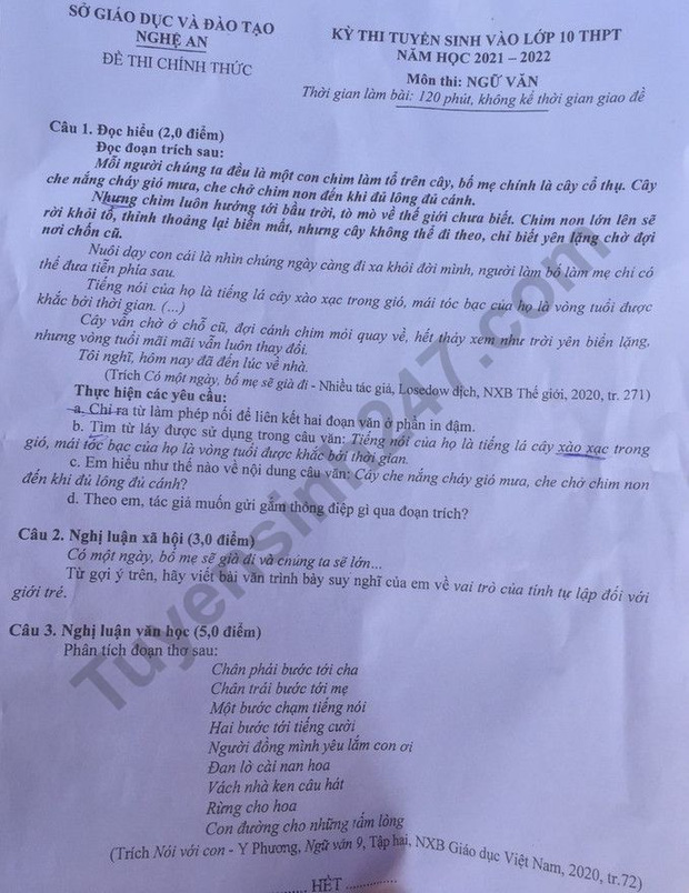 Đáp án đề thi môn Ngữ Văn vào lớp 10 của các tỉnh thành năm 2021-3