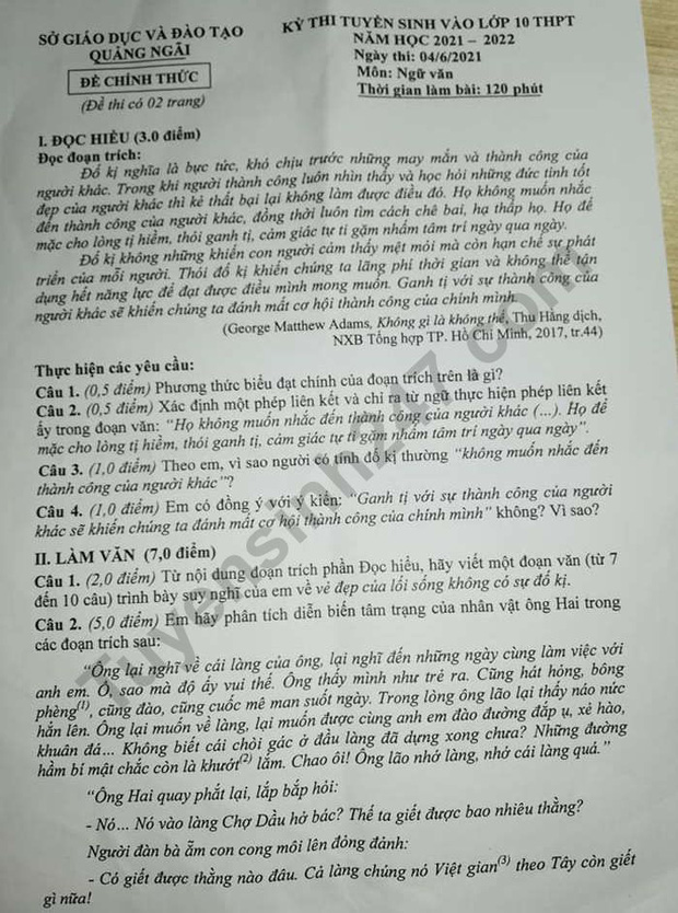 Đáp án đề thi môn Ngữ Văn vào lớp 10 của các tỉnh thành năm 2021-10
