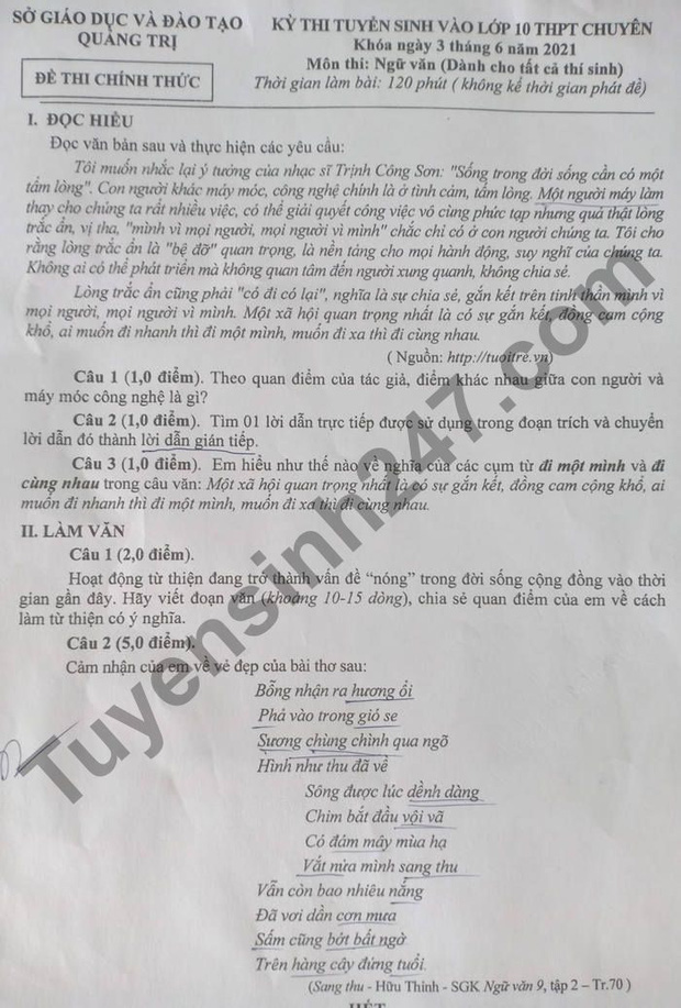 Đáp án đề thi môn Ngữ Văn vào lớp 10 của các tỉnh thành năm 2021-15