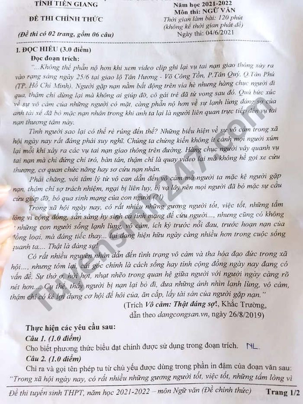 Đáp án đề thi môn Ngữ Văn vào lớp 10 của các tỉnh thành năm 2021-7