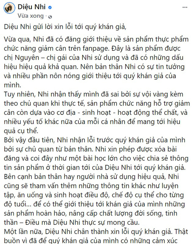 Diệu Nhi lập tức lên tiếng xin lỗi khán giả, thừa nhận chưa tìm hiểu kỹ đã đăng bài quảng cáo thuốc giảm cân-1