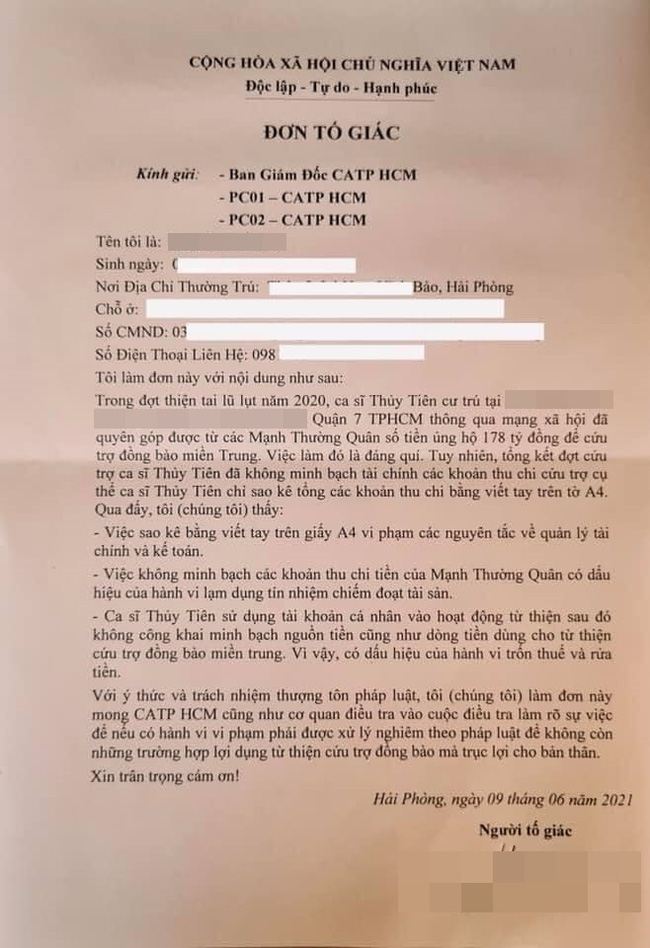 Xuất hiện hình ảnh đơn tố giác Thủy Tiên không minh bạch 178 tỷ đồng trong đợt cứu trợ miền Trung-1
