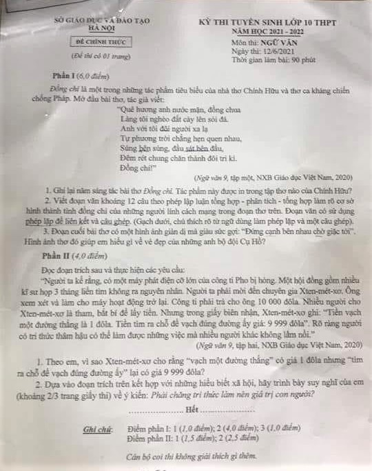 Đề Ngữ văn thi lớp 10 Hà Nội: Chuẩn xác nhưng cũ kỹ, bảo thủ?-1