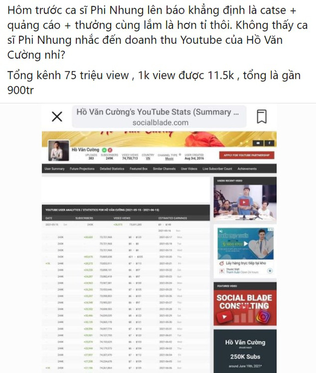 Phi Nhung nói cát-xê Hồ Văn Cường chỉ hơn 1 tỷ đồng, netizen làm toán chất vấn: Doanh thu khủng từ YouTube thì sao?-1