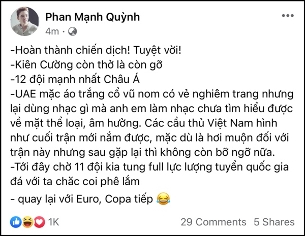 Sao Việt lên tút sau trận Việt Nam - UAE: Á hậu Thúy Vân phán không công bằng, Phan Mạnh Quỳnh bóc phốt quả nhạc lạ của đội bạn-5