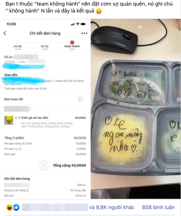 Đặt cơm online sợ quán quên, chàng trai ghi chú không hành cả chục lần, lúc nhận được phần ăn mới té ngửa vì lý do này-1
