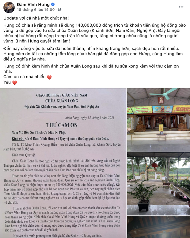 Đàm Vĩnh Hưng chính thức lên tiếng khi bị chỉ trích gay gắt vì dùng tiền cứu trợ miền Trung để đi sửa chùa ở Nghệ An-1