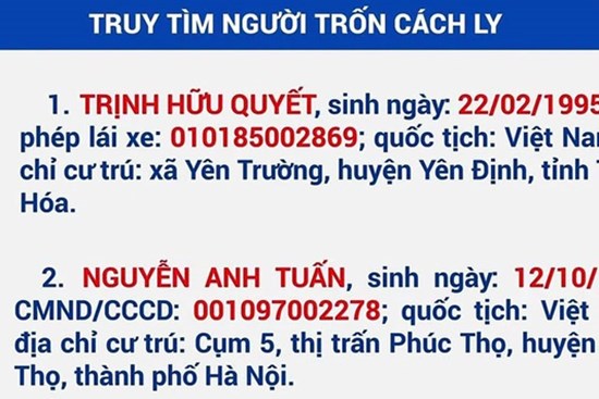 Tây Ninh thông báo khẩn tìm người trốn cách ly tập trung