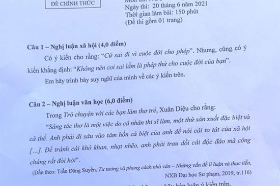 “Cứ sai đi vì cuộc đời cho phép” vào đề thi chuyên Văn lớp 10