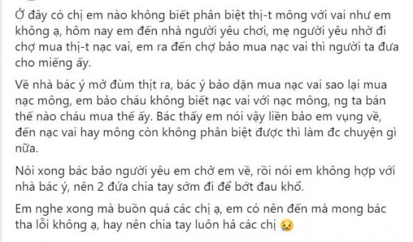 Không phân biệt được thịt nạc mông với nạc vai lợn, cô gái bị mẹ người yêu tiễn về, tuyên bố nên chia tay sớm-1