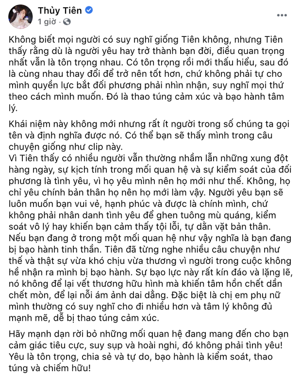 Giữa ồn ào Hoàng Yến bị chồng cũ hành hung, Thuỷ Tiên bất ngờ đăng status dài về bạo hành và đưa lời khuyên đáng chú ý-1