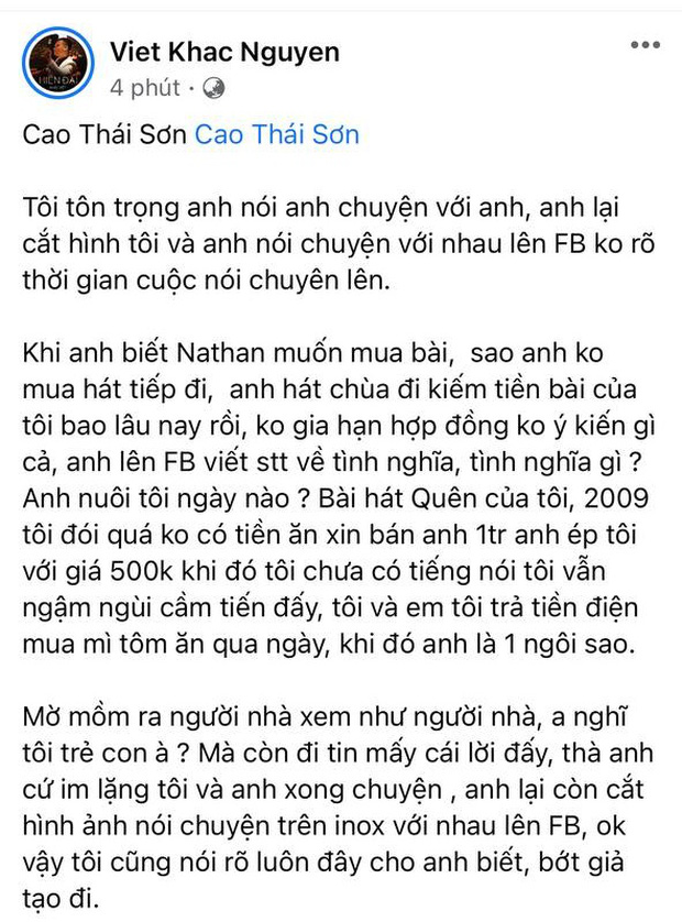 Khắc Việt tố Cao Thái Sơn ép giá mua bài 1 triệu xuống 500k, hát chùa, cắt hình chat đăng FB và chốt bớt giả tạo đi-4