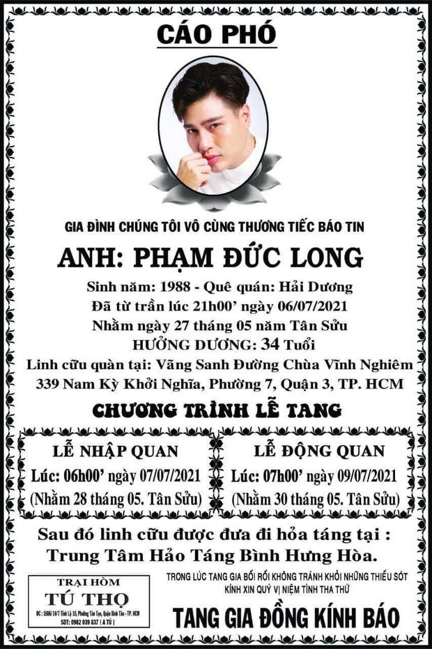 Cáo phó cùng thông tin tang lễ của diễn viên Đức Long: Tiết lộ thời gian cử hành lễ nhập quan, linh cữu sẽ được hoả táng-1