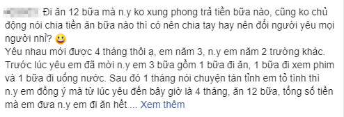 Yêu nhau 4 tháng, đi ăn 12 bữa nữ sinh vẫn tỉnh bơ không trả đồng nào: Yêu thì con trai phải trả hết tình phí?-1