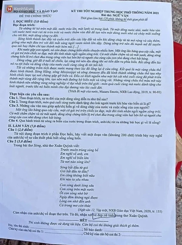Đề thi môn Văn THPT Quốc gia 2021: Tác phẩm Sóng, nhiều thí sinh tủ đè-1