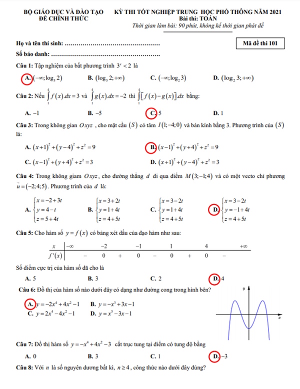Đáp án đề thi môn Toán tốt nghiệp THPT 2021 tất cả mã đề-7