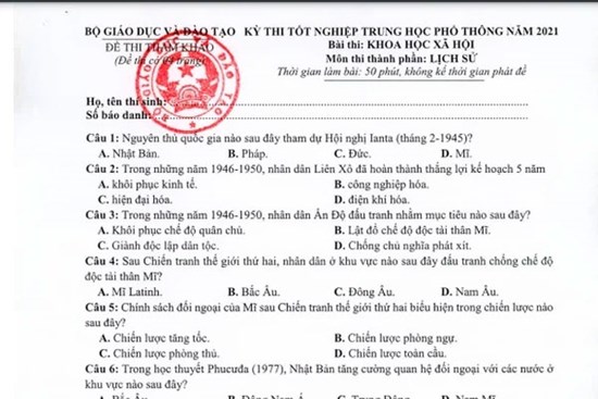 Đề thi môn Lịch sử tốt nghiệp THPT 2021