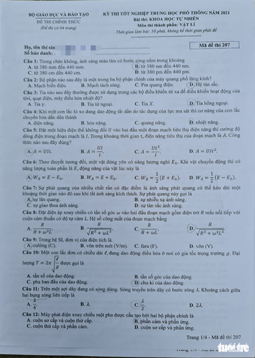 Đề thi và đáp án môn Vật Lý tốt nghiệp THPT Quốc gia 2021-4