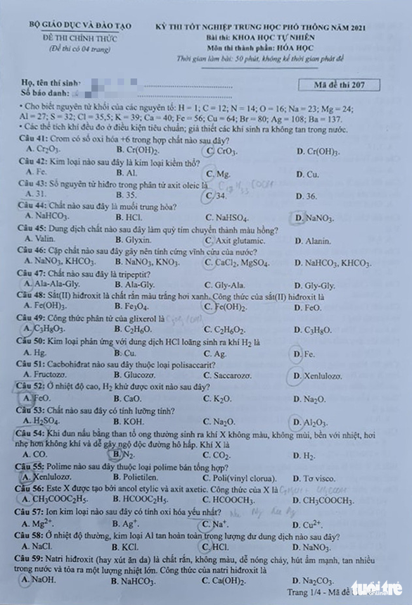 Đề thi và đáp án môn Hóa học tốt nghiệp THPT Quốc gia 2021-1