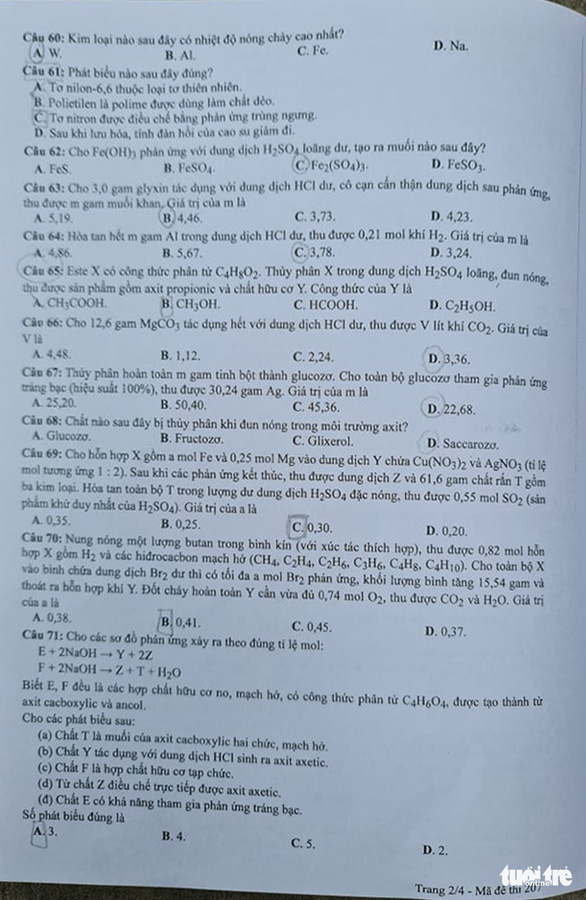 Đề thi và đáp án môn Hóa học tốt nghiệp THPT Quốc gia 2021-2