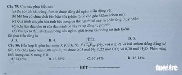 Đề thi và đáp án môn Hóa học tốt nghiệp THPT Quốc gia 2021-4