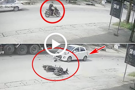 Cố vượt xe tải lớn, ô tô con húc bay nam thanh niên đi xe máy
