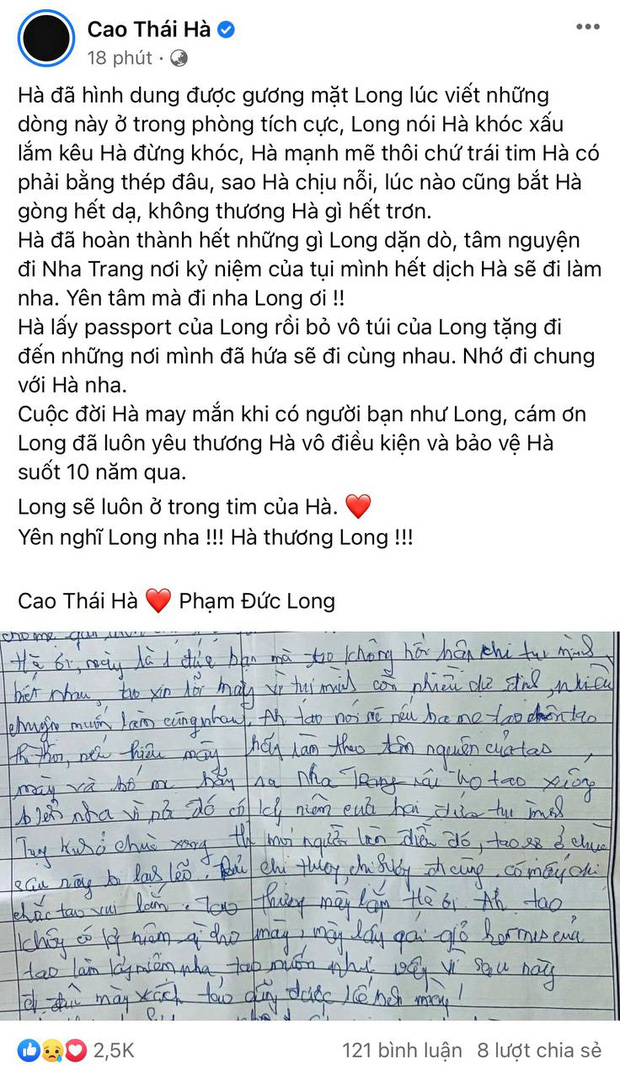 Xót xa tâm thư Đức Long viết gửi Cao Thái Hà trước khi mất: Mày và bố mẹ hãy ra Nha Trang rải tro tao xuống biển vì nơi đó có kỷ niệm 2 đứa mình”-1