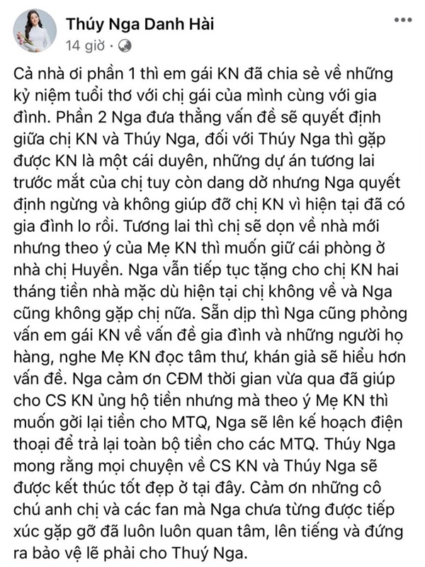 Thuý Nga thông báo ngừng giúp đỡ ca sĩ Kim Ngân, sẽ hoàn tiền từ thiện lại cho nhà hảo tâm: Lý do là gì?-1