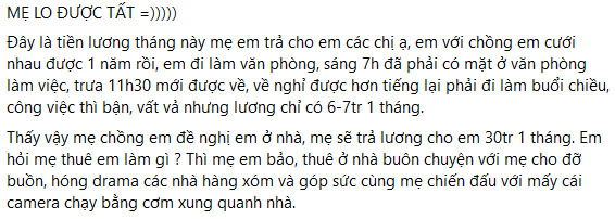 Con dâu đi làm vất vả mà lương thấp, mẹ chồng phóng tay thuê đứt giá 30 triệu/tháng, chi tiết công việc càng khiến hội chị em thèm khát-1