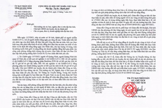 Người vào tỉnh Quảng Ninh phải có kết quả xét nghiệm âm tính trong vòng tối đa 72h