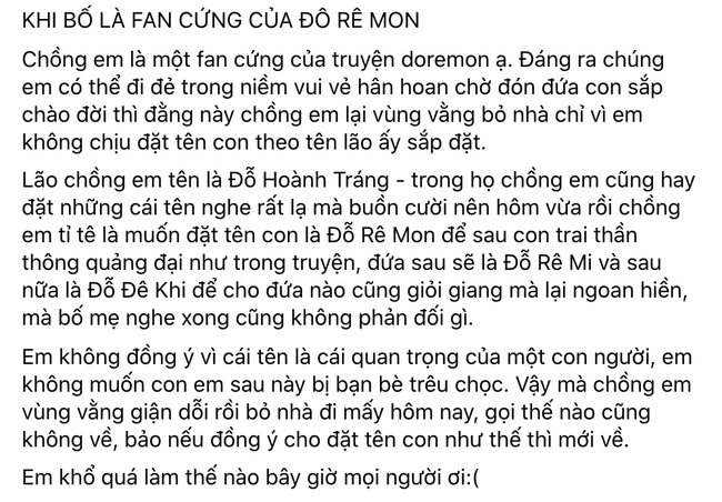 Sắp đến ngày đi đẻ mà chồng lại vùng vằng bỏ nhà đi vì đòi đặt tên con là Đỗ Rê Mon nhưng vợ không chịu-1